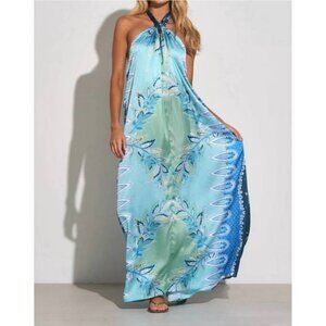 Elan Leigh Halter Maxi Dress Blue Bali Print